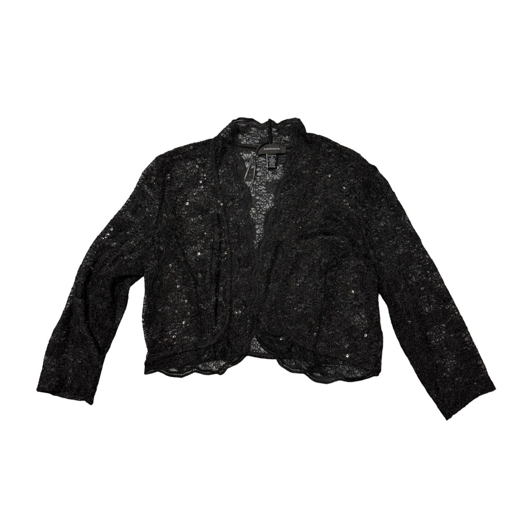 R&M Richards Black Lace Sequin Shrug Jacket Bolero Open Front Crop Medium